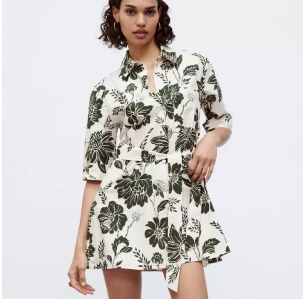 Zara Shirt Dress. Cream Green floral. Size S.